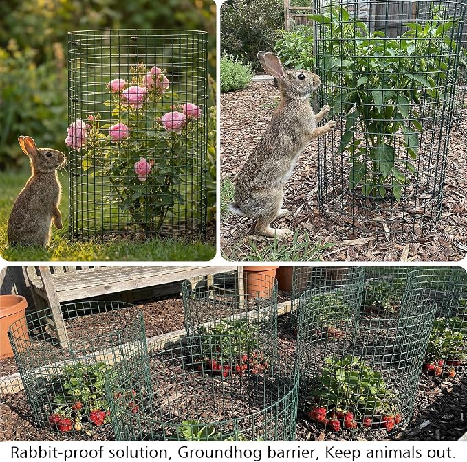 8 Pack Plant Protectors from Animals, 12"x16.5" Wire Garden Cloche for Squirrels Rabbits, Sturdy Metal Plant Cages with Zip Ties & Ground Stakes for Seedlings Flowers, 1" Mesh Gap