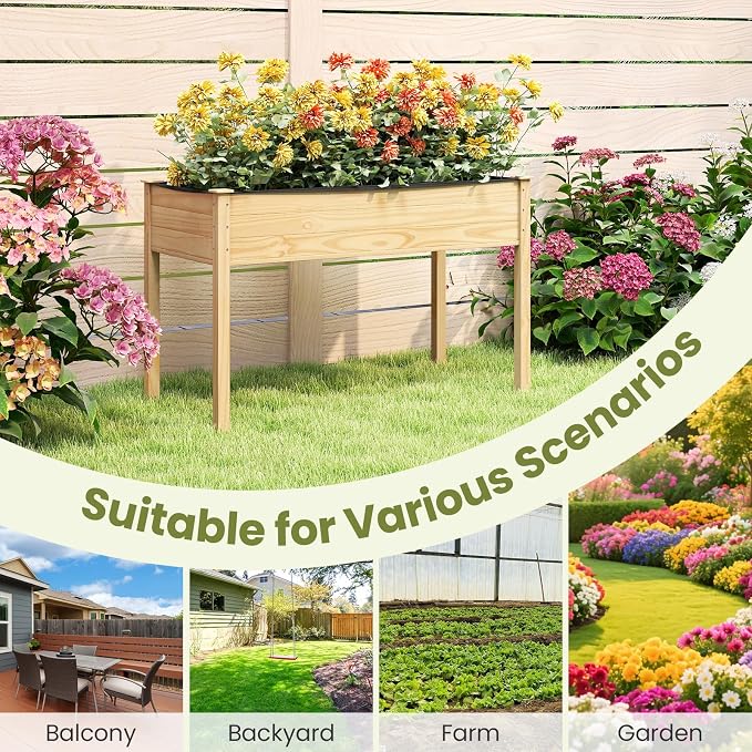 Giantex Raised Garden Beds Set of 2, Elevated Wood Planter Box with Liner, 47"x23"x30" Freestanding Raised Bed for Indoor Outdoor Plants, Vegetables Flower Herbs Fruit Gardening