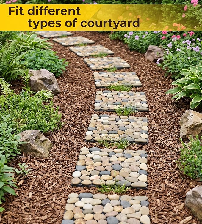 jxgzyy 4 Pcs Interlocking Stepping Stones Outdoor for Garden, 11.8" Square Pavers for Landscaping, Outside Pebble River Stone Mat for Yard Lawn Patio Pathway Walkway (Light Colour)