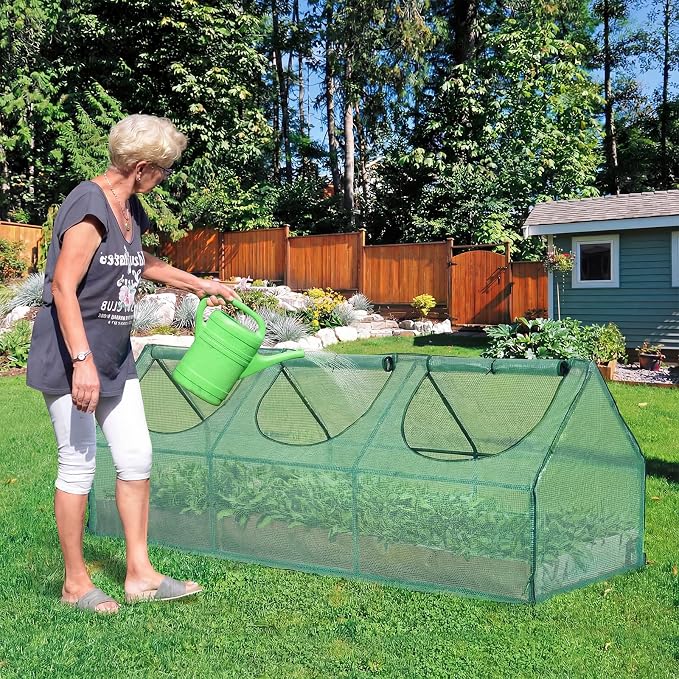 BPS 9x3x3 ft Mini Greenhouse with Green PE Cover UV-Protected Roll-Up Zipper Doors, Ideal for Indoor or Outdoor Use on Raised Garden Beds