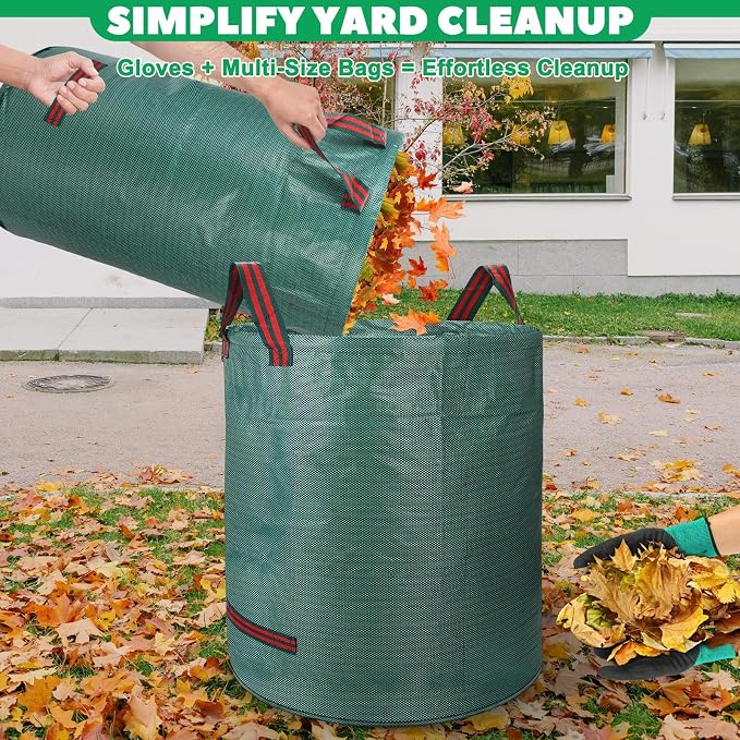 4 Pack 32 Gallon Reusable Yard Waste & Lawn Leaf Bags with Gloves - Heavy Duty Garden Trash Bags for All-Season Cleanup, Patio & Grass Clippings, Camping, Recyclable & Light Construction, Collapsible