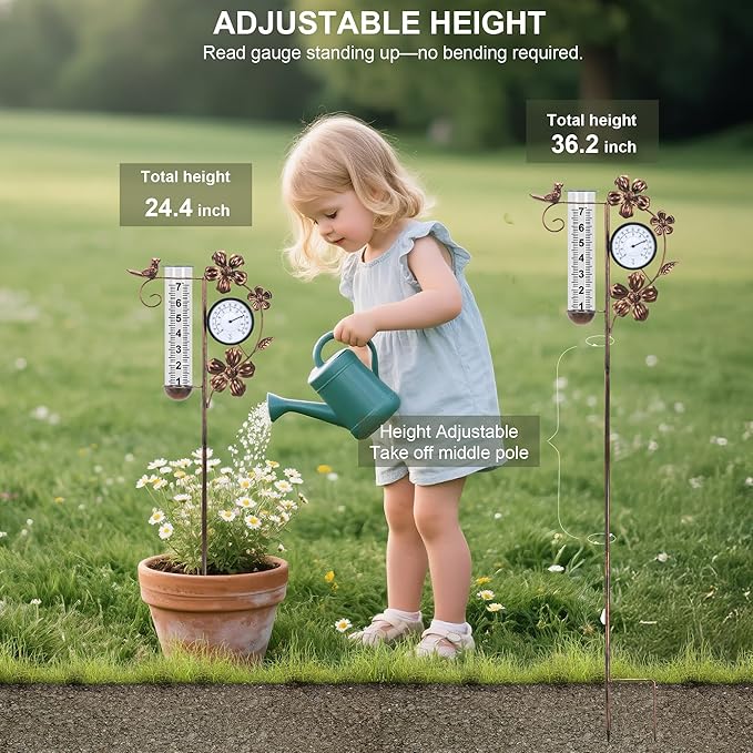 shumi Rain Gauge Outdoor with Thermometer Garden Decor, Bird and Flower Decorative Outdoor Rain Gauges for Yard Patio Lawn, Gardening Gifts for Women