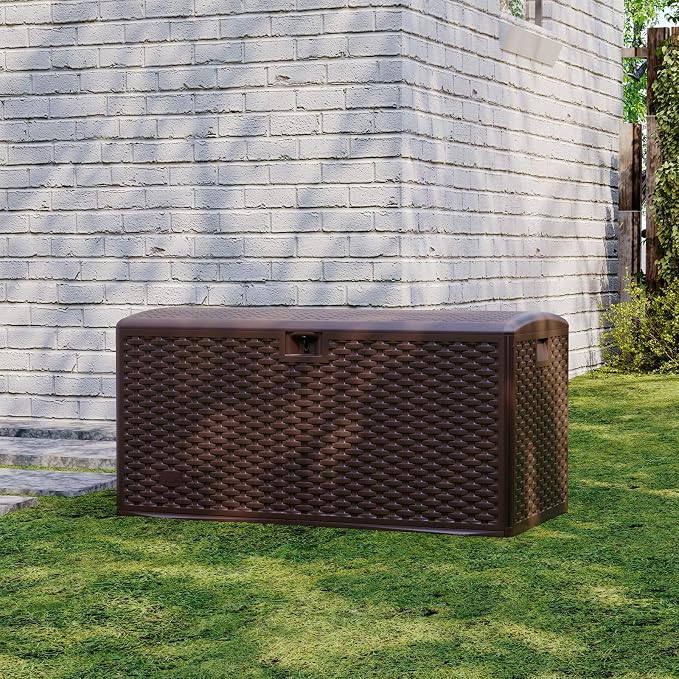 120 Gallon Waterproof Outdoor Storage Deck Box - Large Resin Patio Storage with Lockable Gas Spring Lid - Weather Resistant, Ideal for Cushions, Tools, Pool Accessories - Brown, Gas
