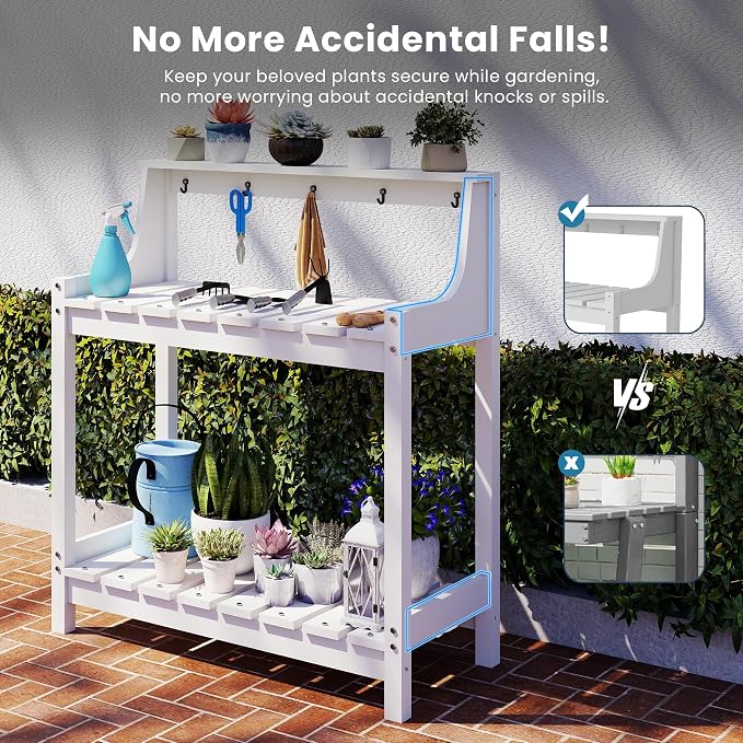 Garden Potting Bench for Outside, HDPE Outdoor Potting Table with Storage Shelves & Tool Hooks, All Weather Planting Workstation for Patio Backyard Garden (White)