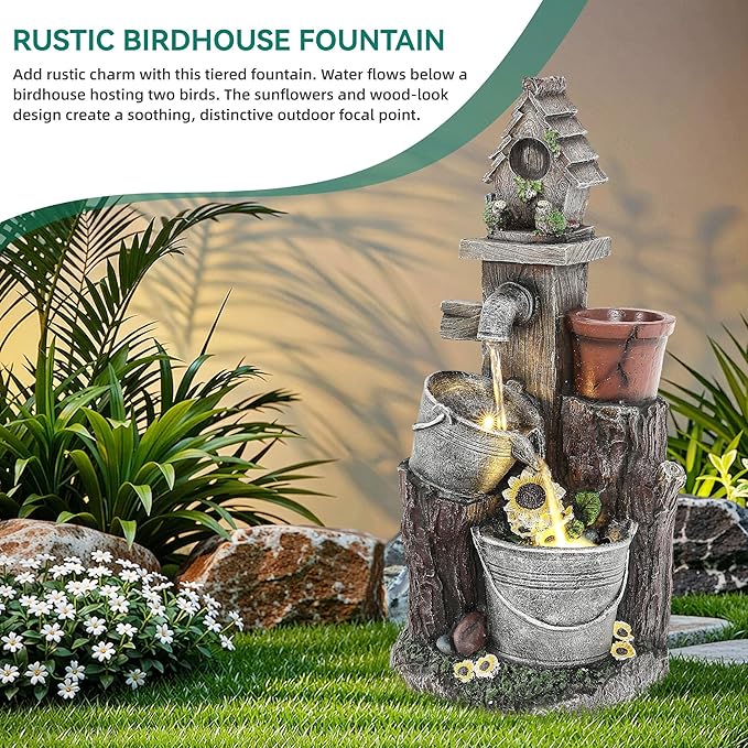 20" 3-Tier Resin Birdhouse Water Fountain, Pastoral Cascading Bucket Water Feature with LED Lights, Soothing Outdoor Fountain for Patio Backyard Garden Porch