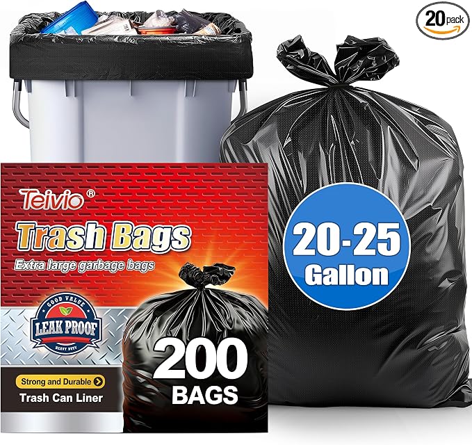 Teivio Black Large Trash Bags 20-25 Gallon 200 Count | Large Multipurpose | Fit 15,16,18,20,21 gallon Garbage Bin Liner | Kitchen | Lawn And Leaf Bags Outdoor Yard Waste Bag | Workshops Trash
