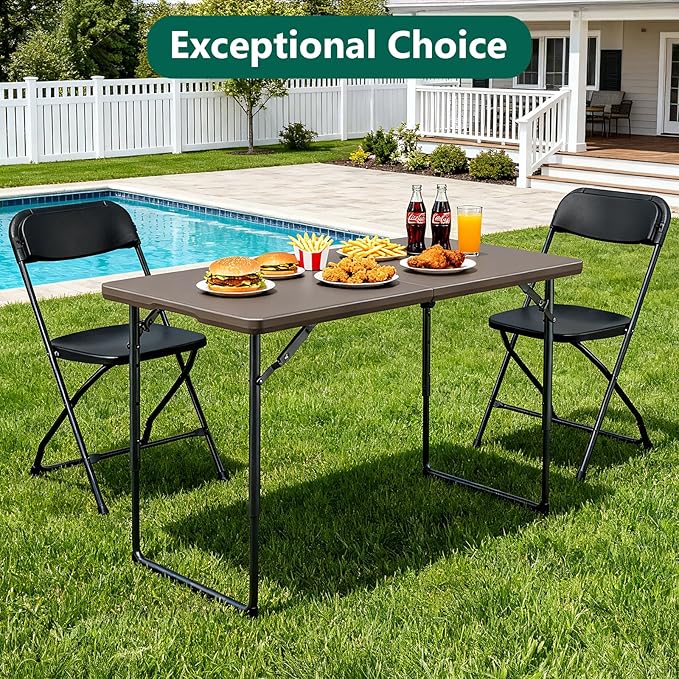 Folding Table 48" x 24" - Heavy Duty Fold-in-Half Plastic Table with Adjustable Height, Portable Utility Tables with Steel Legs for Indoor, Outdoor, Picnic, Camping, Dining, Party (Khaki)