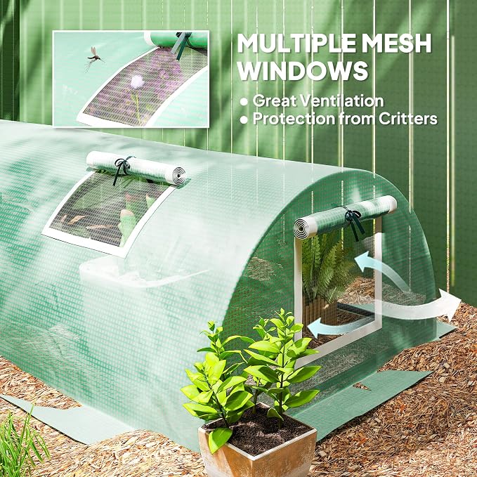 Outsunny 10' x 3' x 2' Mini Greenhouse with 5 Mesh Windows, Portable Plant Hot House with PE Cover, Steel Frame, for Garden Backyard, Green