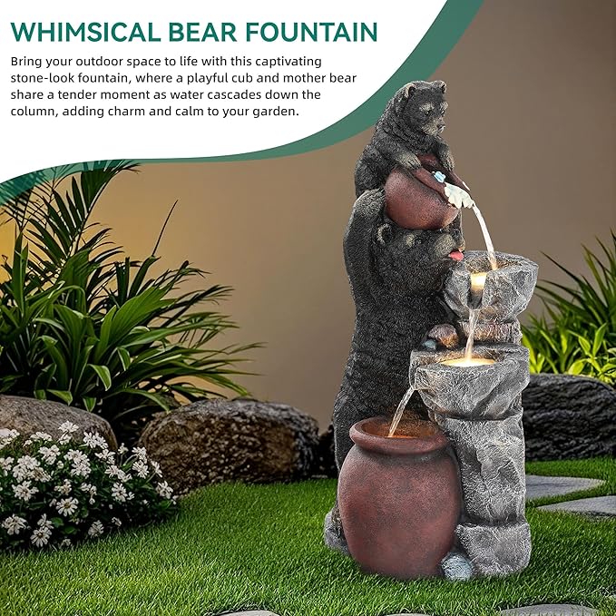 37.5" H Resin Playful Twin Bear Fountain Outdoor, Whimsical Multi-Tiered Stone Vessel Water Feature Outdoor with Lights, Soothing Cascading Waterfall for Patio, Backyard, Garden or Porch
