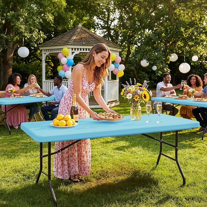 Spandex Table Cover for 6 Foot Rectangle Tables-4 Pack Light Blue Outdoor Picnic Elastic Table Cover-Spandex Stretch Folding Table Cloths for Camping Dining Room Patio Kitchen Banquet Party