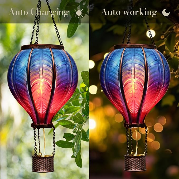 TERESA'S COLLECTIONS Hot Air Balloon Solar Lantern for Garden Decor, Flickering Flame Hanging Solar Light for Outdoor Decorations, Blue & Purple Plastic Lamp for Yard Tree Porch Party, Gift for Mom
