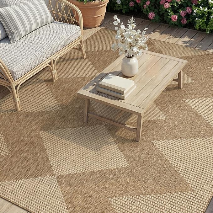 MontVoo-Outdoor Rug-Patio Rug 9x12 Polypropylene Indoor Outdoor Rug Outdoor Carpet for Patio Deck Balcony Porch, Textured Weave, Durable for High Traffic, Fade-Resistant, Boho Geometric Neutral Brown