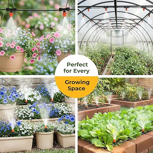 50FT Drip Irrigation Kit, Quick Connect Garden Watering System, Easy Install Drip Irrigation System with Misting Nozzles for Patio, Potted Plants, Small Garden & Greenhouse