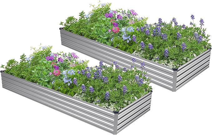 2PCS 8x4x1ft Galvanized Raised Garden Bed,Outdoor Planter Box Metal Patio Kit Planting Bed for Vegetables Flowers Herb,Silver