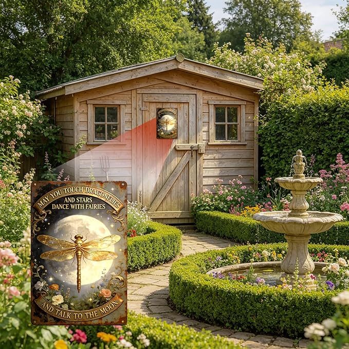2D Flat Funny Garden Signs, Touch Dragonflies And Dance With Fairies Vintage Garden Decor, Outdoor Wall Decor for Patio Yard Greenhouse, Waterproof Dragonfly Gift for Home 8x12 Inch