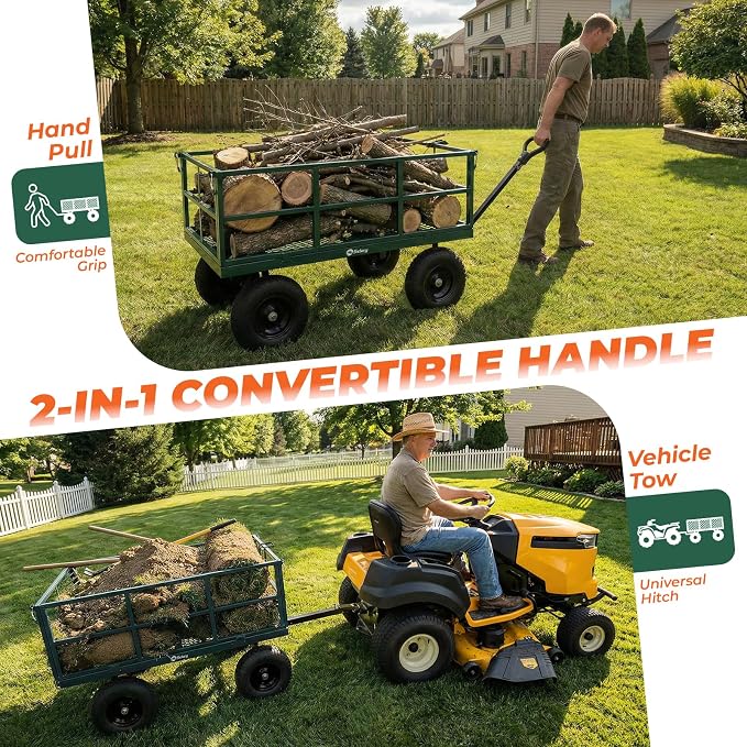 Sekey 1600 lbs Heavy Duty Steel Garden Cart for Farm & Construction, 12 Cu.Ft. Extra-Large Utility Wagon with Removable Sides, 2-in-1 Towable Handle, 13" Rubber Tires, Green