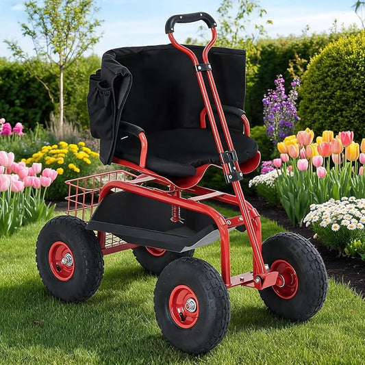 Rolling Garden Cart Workseat with Wheels, 360 Degree Swivel Gardening Stool, Extendable Steering Handle, Tool Tray, 10-Inch Inflatable Tires, Reinforced Steel Frame