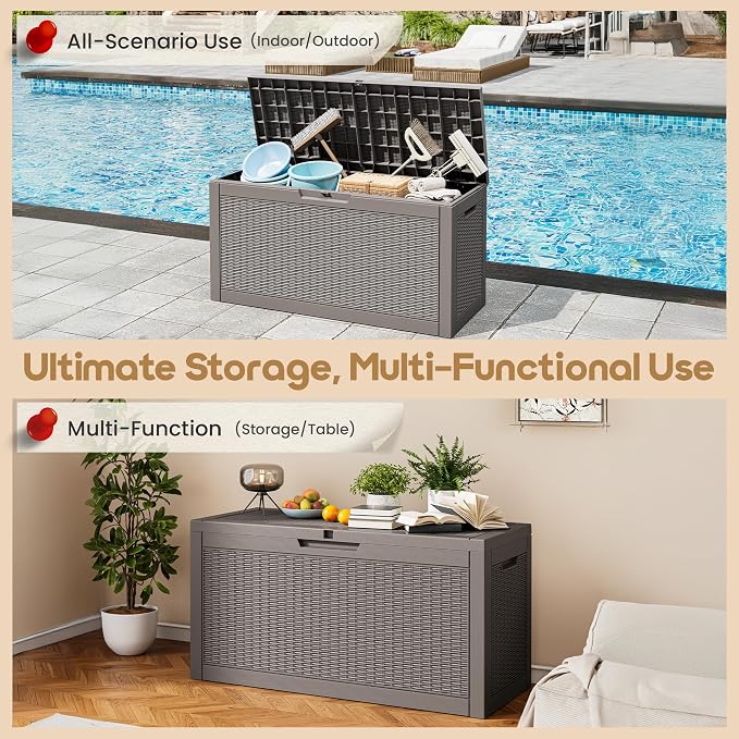 Outdoor Storage Box, 72 Gallon Resin Deck Boxes Outdoor Waterproof For Patio Furniture, Garden Tools, Pool Supplies, Lockable And UV Resistant (Rattan Gray)
