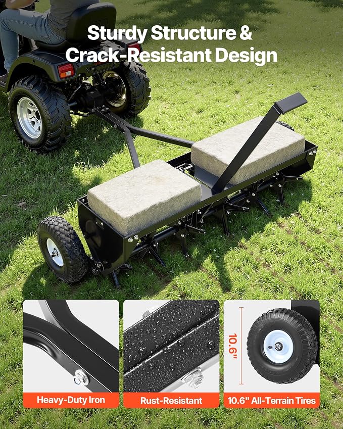 VEVOR Tow Behind Plug Aerator, 40 in Lawn Core Aerator Tool Universal Hitch, 120lbs Weight Capacity, Heavy Duty & Rust-Resistant, Pull Behind Spike Aerators with Tray for Farmland & Garden Tractors