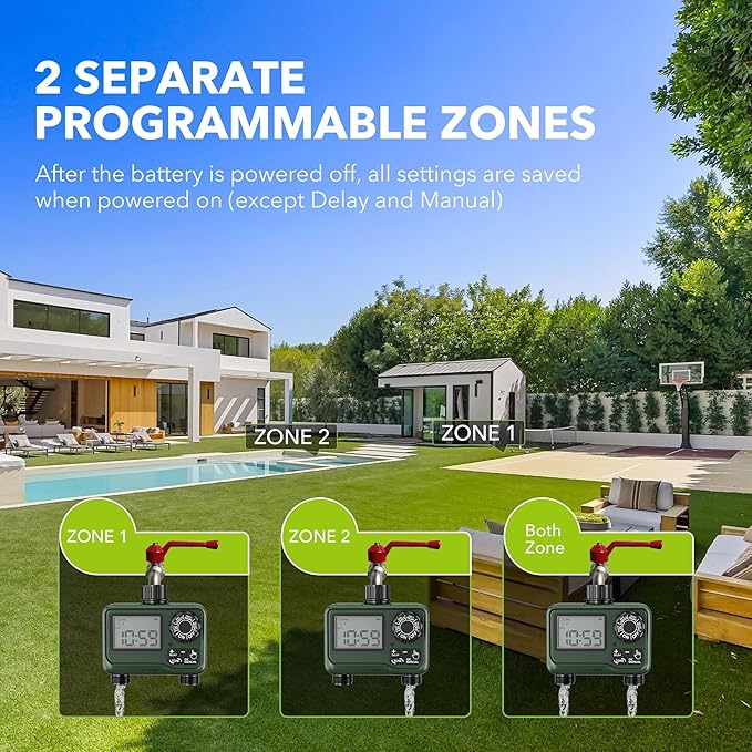 BN-LINK Sprinkler Timer Outdoor - 2 Zone Programmable Water Timer with Rain Delay, Automatic Irrigation System for Lawns & Garden Hoses - Waterproof Manual Controller with Large LCD Display