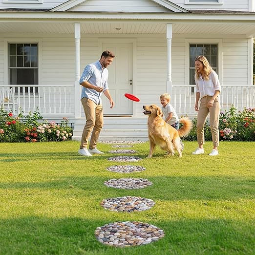 Stepping Stones Outdoor, 12 Inch Natural River Rock Garden Pavers, Set of 6 Round Pebble Stones for Walkway, Yard, Lawn, Patio, Pathway & Landscaping Decor (Roundness)