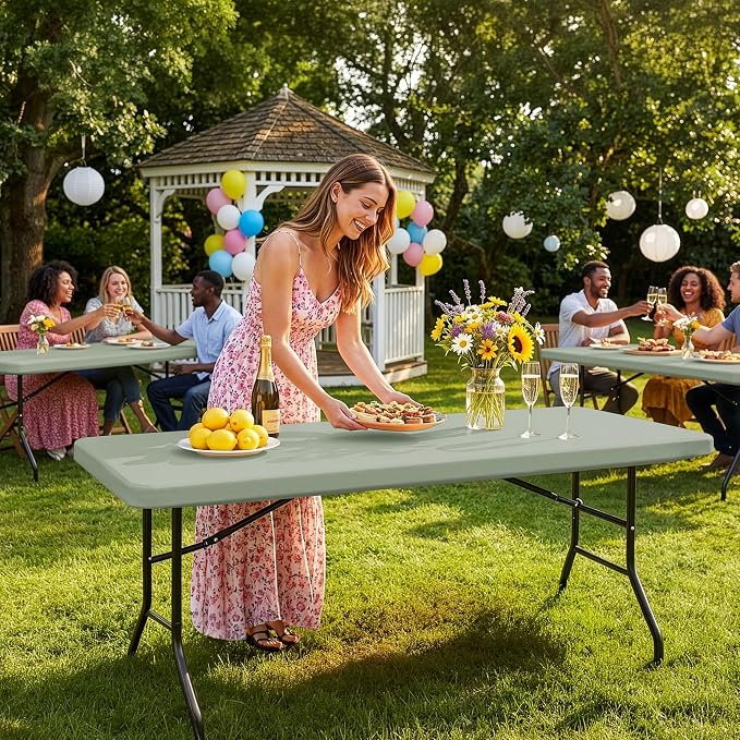 Fitted Tablecloth for 8 Foot Rectangle Tables-6 Pack Sage Elastic Outdoor Picnic Table Cover-Spandex Stretch Folding Table Cloths 8ft for Camping Dining Room Patio Kitchen Banquet Party