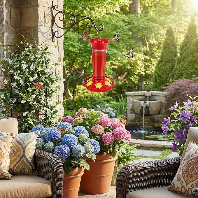 FEED GARDEN 10oz Plastic Hummingbird Feeders for Outdoors - 1 Pack, Ant & Bee Proof, 6 Feeding Ports, Easy Clean Red Nectar Feeders for Outside Hanging, Gifts for Mom