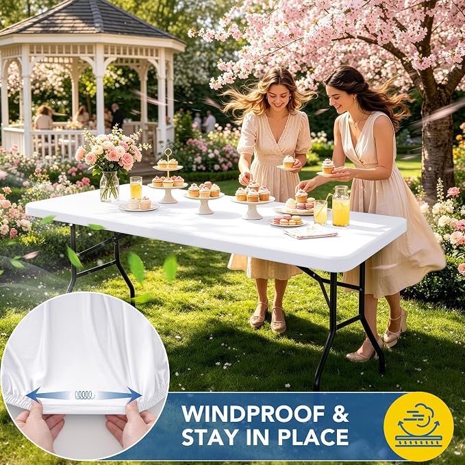 Fitted Tablecloth for 6 Foot Rectangle Tables-10 Pack White Elastic Outdoor Picnic Table Cover-Spandex Stretch Folding Table Cloths 6 ft for Camping Dining Room Patio Kitchen Banquet Party