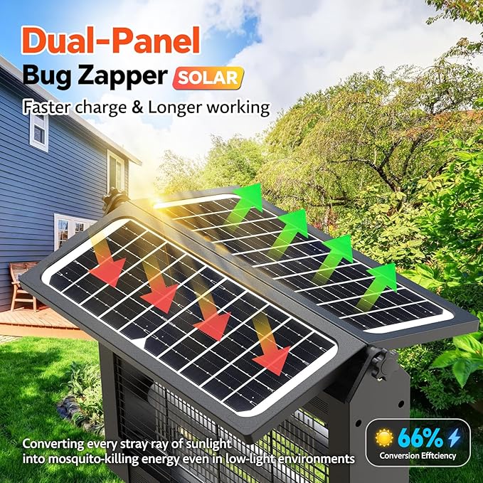 Solar Bug Zapper Outdoor, Dual Solar Panels, 4500V Waterproof Portable Mosquito Zappers, Cordless Fly Trap w/Auto Mode, Rechargeable Mosquitoes Insect Killer for Patio Yard Garden Camping Pool Garage