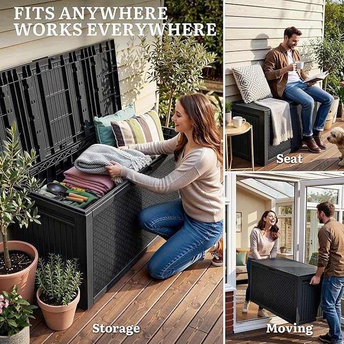 YITAHOME 95 Gallon Outdoor Storage Deck Box, Waterproof Resin Deck Box w/Handles, Lockable Outdside Deck Box for Patio Furniture, Garden Tools, Lockable & UV Resistant(Black)