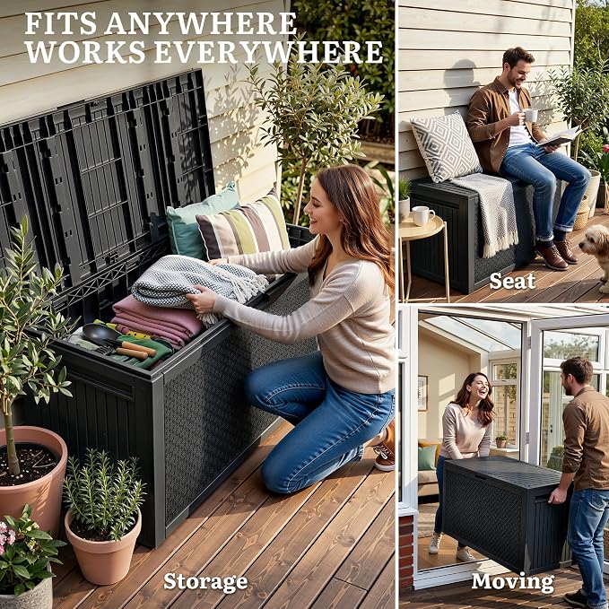 YITAHOME 95 Gallon Large Outdoor Deck Box, Lockable Waterproof Resin Storage Box with Handles, Weatherproof & UV Resistant, Patio Garden Tool Container for Outdoor Furniture, Black