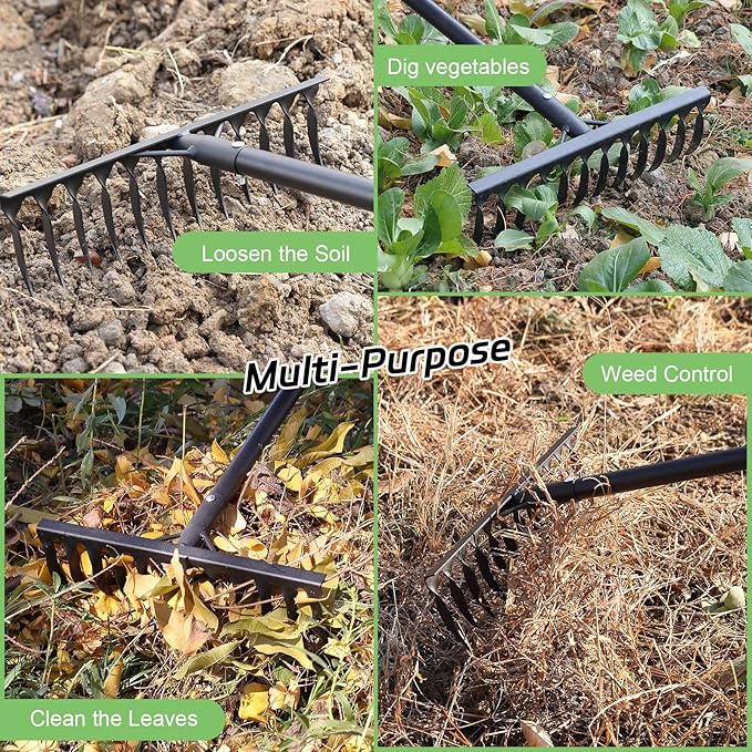 Bow Rake, 78" Heavy Duty Garden Tools Lawn Leveling Rake with Long Handle, 12 Tines Garden Tools Metal Head for Loosening Soil, Cleaning the Leaves and Weeding Control, Leaf, Thatch, Landscape Tools