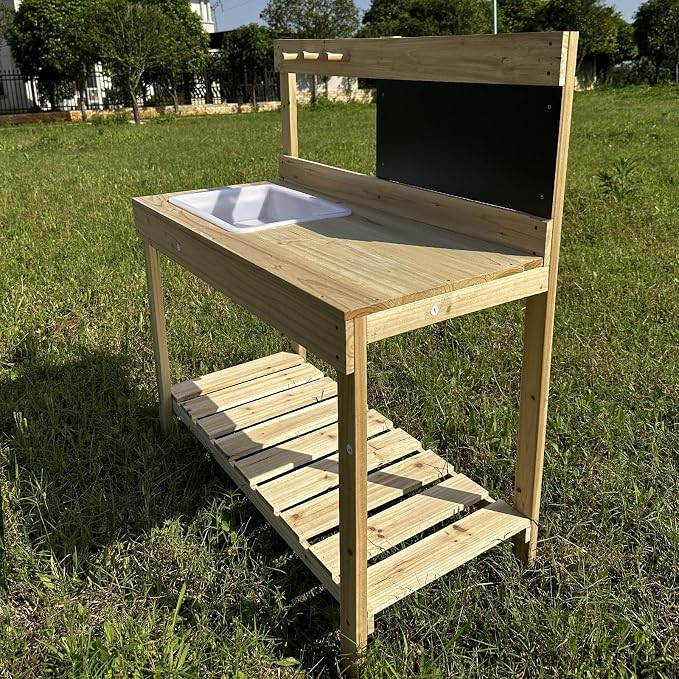 Kids Wooden Potting Bench with Chalkboard, Removable Basin, Storage Shelf and Hooks, Outdoor Garden Work Table,Educational Gardening Tools (Wood)