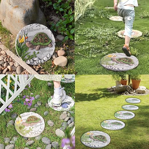 Outdoor Garden Decor Stepping Stones - Resin Tortoise Decorative Stones Pavers for Garden Decor for Outside Walkway Yard 9.5 * 9.5 * 0.5 Inch