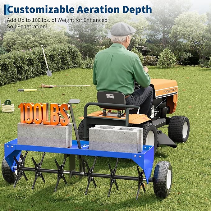 40 Inch Tow Behind Lawn Plug Aerator,100LBS Capacity Yard Aerator with Universal Hitch &10" Tires, Heavy Duty Aerator Lawn Tool Tow Behind, Steel Core Aerator for Garden Farm Yard Lawn Care