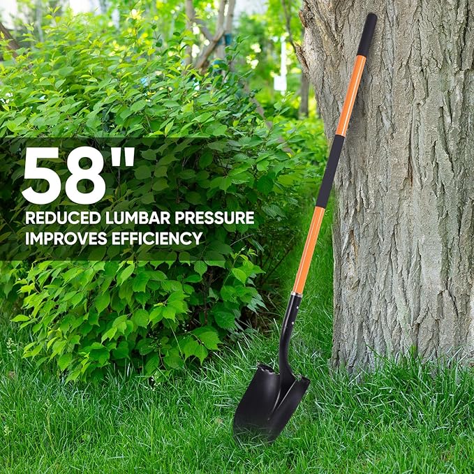 Heavy Duty Garden Shovel, 58-Inch Long Handle, Steel Head with Orange Fiberglass Handle