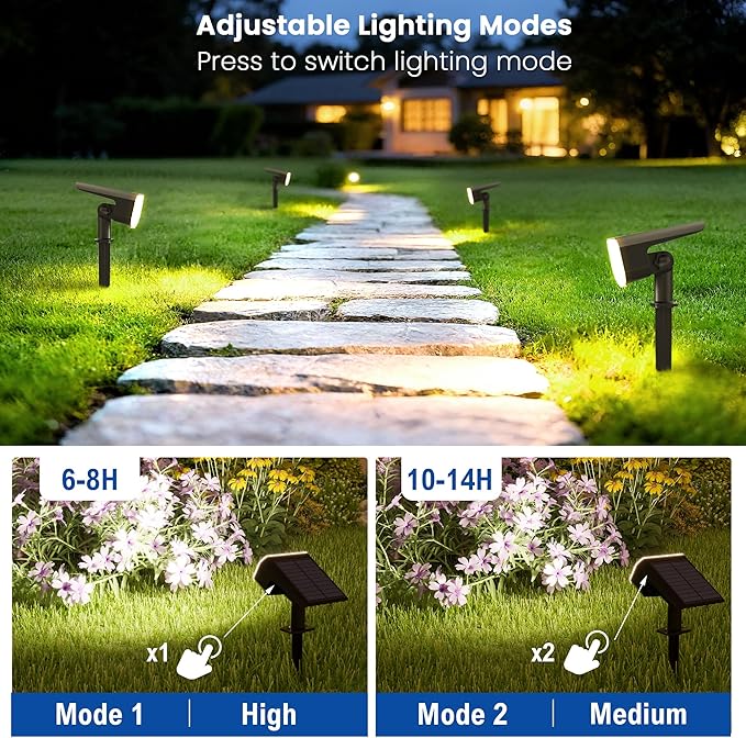 JEJOT Solar Lights Outdoor Waterproof IP65, Super Bright LED, Cool Light 2 Lighting Modes Selectable, Solar Powered Yard Garden Solar Spot Lights for Outside Landscape Auto On/Off -2 Pack