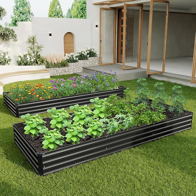 12×4×1FT(2PCS) Galvanized Raised Garden Bed Kit Metal Planter Boxes,Large Outdoor Planters Garden for Planting Vegetables,Flowers,Herbs -Black
