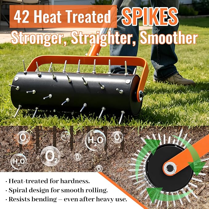 Rolling Lawn Aerator Heavy Duty Spike Aerator Roller with Adjustable Handle & 48 Spikes, Fillable Drum Manual Push Aeration Tool for Lawns, Gardens, Yards, Patio