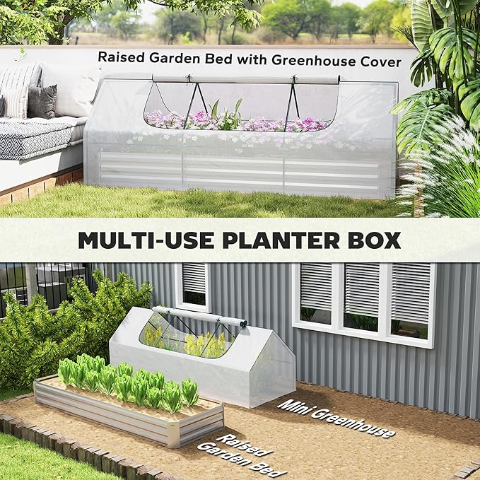 Outsunny 8.6 x 3 x 1ft Metal Planter Box with Mini Greenhouse, Galvanized Raised Garden Bed with Cover for Herbs and Vegetables, Small Greenhouse for Patio Garden Balcony, White and Silver