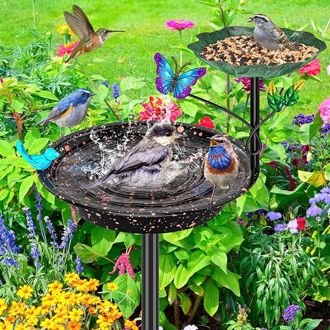 Metal Bird Bath for Outside Garden Birdbath Bowl, Freestanding Bird Feeders for Outdoors with 5 Prongs Base Stake, Standing Birdfeeders Birdbath Bowl for Yard Decor(Black-2-in-1-Butterfly)