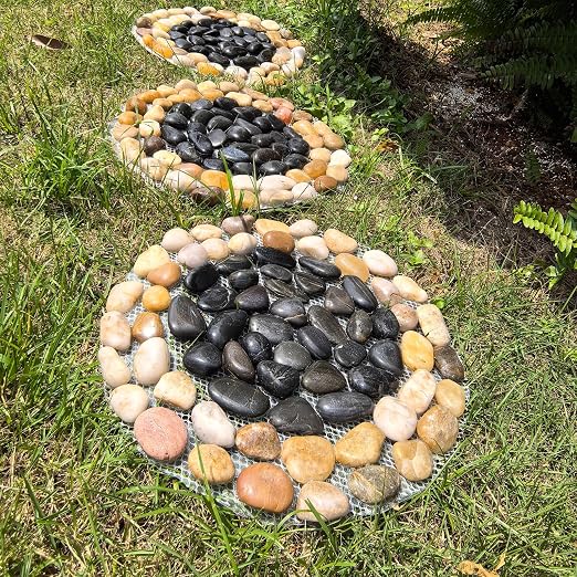 Garden Stepping Stone Outdoor Decorative Round Stepping Stones with Black Stones Round Polished River Pebble Stone from Natural River, for Garden Patio Walkway(10in 6Pcs Pack)
