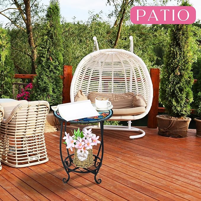 Cinnvoice Outdoor Side Table Round Small Mosaic Patio Accent Indoor End Plant Coffee Tea Table for Yard Patio Porch Garden Living Room, Bedroom(Dragonfly Style,14 Inch)