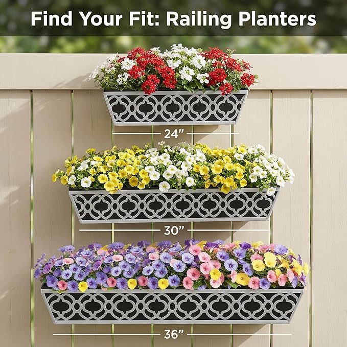2 Pack 36 Inch Railing Planter Boxes with Adjustable Brackets & Non-Woven Liner, Deck Window Hanging Flower Box for Balcony, Fence, Patio, Outdoor Garden, Gray