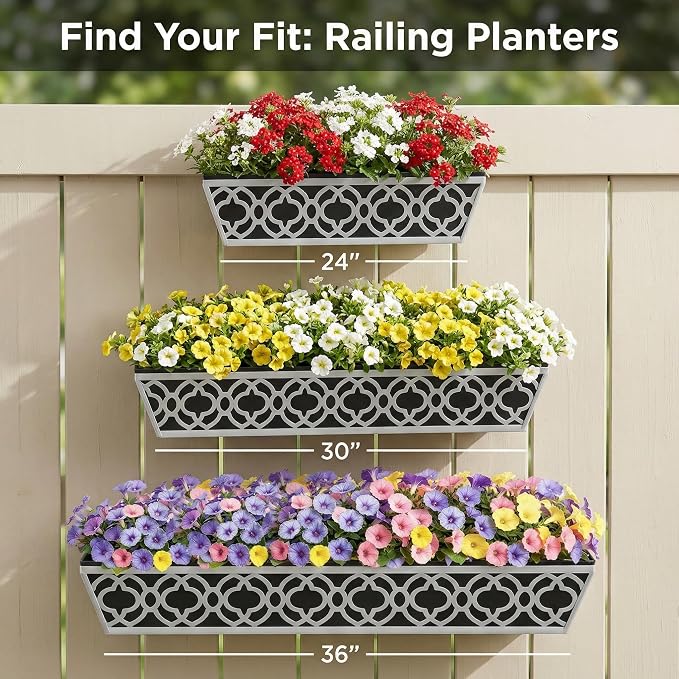 2 Pack 30 Inch Railing Planter Boxes with Adjustable Brackets & Non-Woven Liner, Deck Window Hanging Flower Box for Balcony, Fence, Patio, Outdoor Garden, Gray