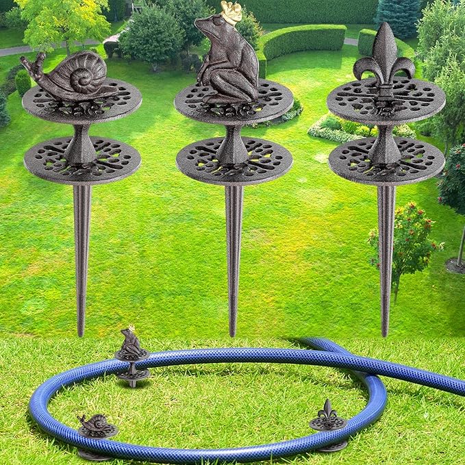 Briwooody 3 Pcs Garden Hose Guide Set Stakes Heavy Duty Cast Iron Water Hose Guide Spike Garden Stakes Decorative for Outside Flower Beds Plant(Stylish)