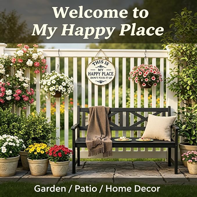 Funny Garden Metal Sign -"This Is My Happy Place Don't F*ck It Up Vintage Decor, Farmhouse Outdoor Art,Welcome Round Sign for Home Garden Farm Bar or Coffee Wall Decor (7.9 * 7.9in)