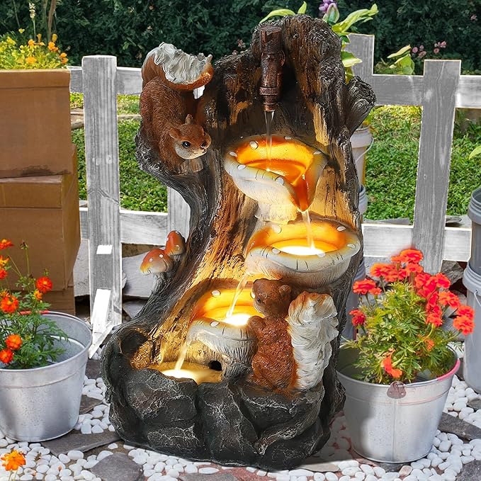 22" H Modern Garden Water Fountain - 4-Tiers Indoor/Outdoor Resin Water Fountains with LED Lights, 4-Tiers Patio Waterfalls with Mushroom & Squirrel Design, Home Decor for Porch Yard Deck
