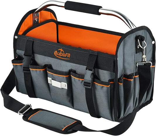 16-Inch Open-Top Tool Tote, 29-Pocket Pro Bag for All Trades | Trusted by Electricians, Plumbers & HVAC pros. Built with 1680D fabric & a padded handle for a comfortable, heavy-load carry