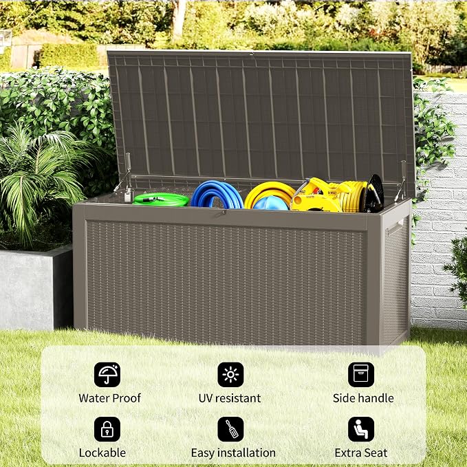 320 Gallon Outdoor Storage Box, Waterproof Resin Deck Box with Lockable Lid Large Storage Bin for Patio Furniture Cushion, Garden Tools, Pool Accessories UV-Resistant Outside Delivery, Gray